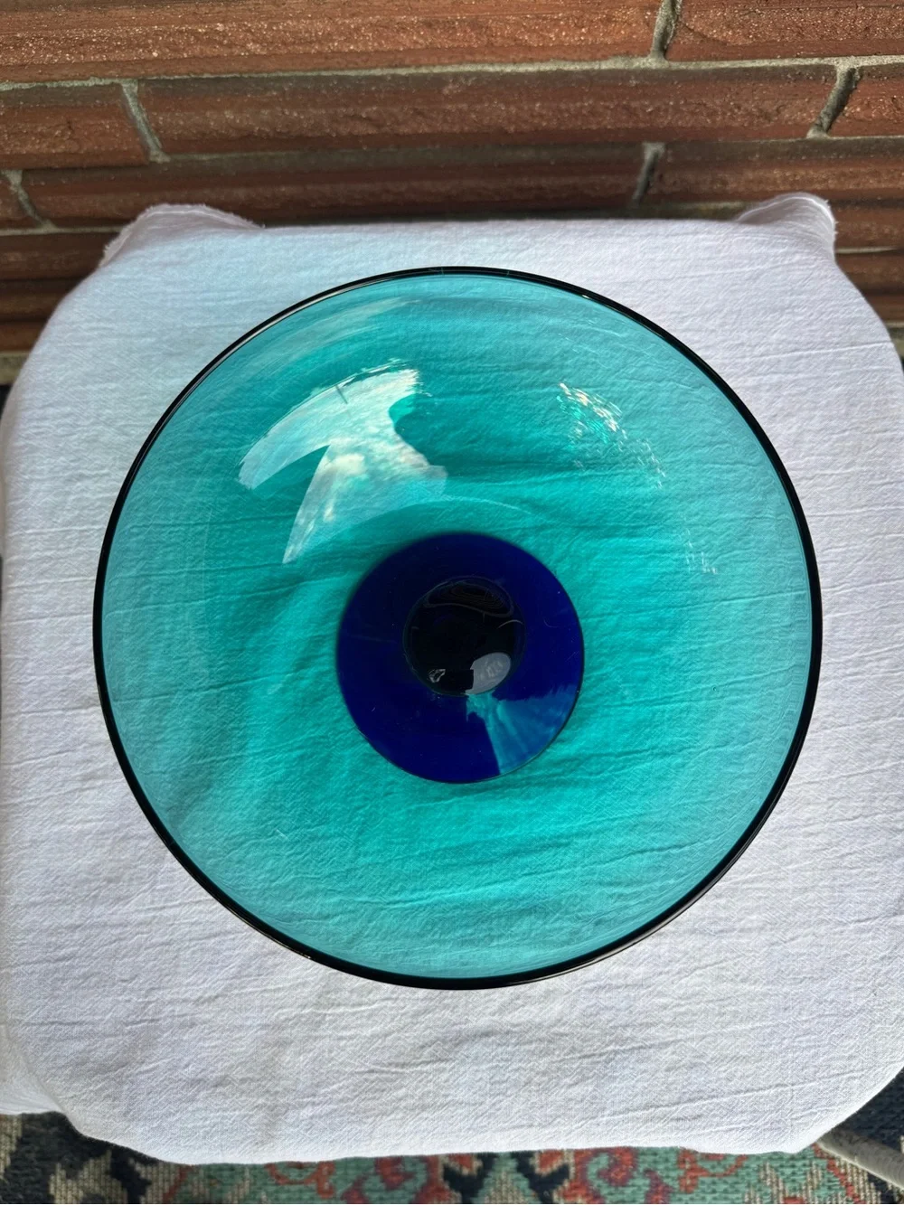 Vintage Teal & Cobalt Blue Art Glass Pedestal Bowl 8”